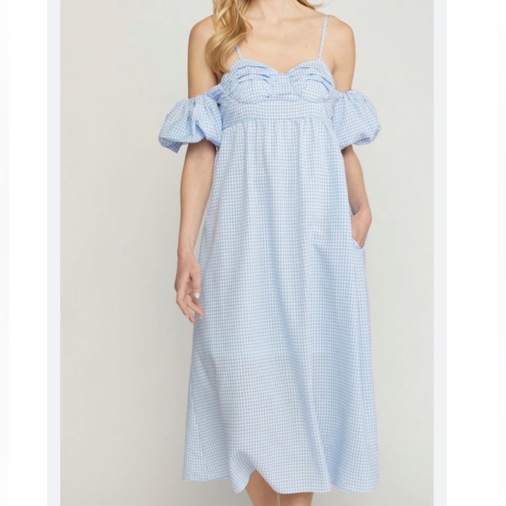 NWT blue gingham puff sleeve Offshoulder midi dress